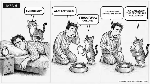 Three-panel black-and-white comic: at 4:47 a.m., a cat wakes its owner for an emergency, identifies a small bare spot in an otherwise stocked food bowl as a structural failure, and records the owner's defense as an admission that the bowl's center collapsed.