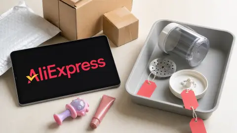AliExpress branding on a tablet beside parcels and product-safety inspection tags on a worktable