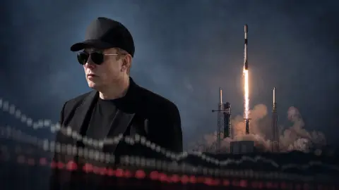 Elon Musk beside a rising SpaceX Falcon 9 in an editorial composite with muted market lights descending across the foreground
