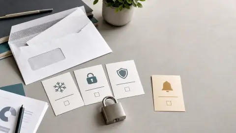 A breach notice, three plain cards, a small lock, and an alert marker arranged on a desk as a credit-protection checklist.