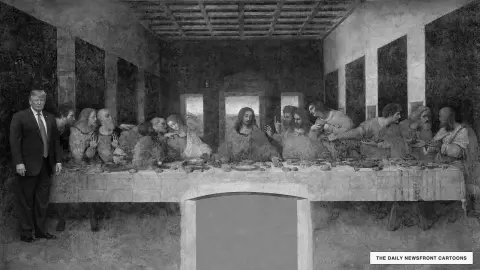 Black-and-white visual parody of Leonardo da Vinci’s Last Supper with President Donald Trump in a modern suit standing conspicuously at the far left like a photobomber.