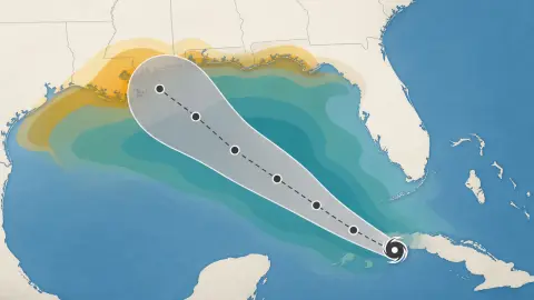 A simplified storm forecast cone diagram with coastal hazard zones shown outside the projected track