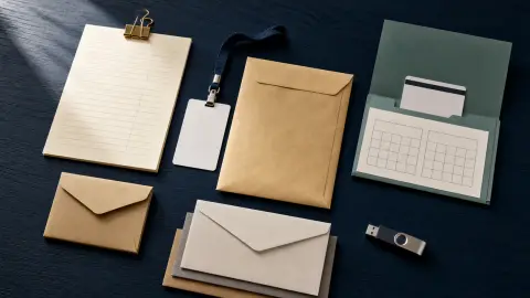 A blank work badge and pay envelope surrounded by five job-loss preparation tools on a dark desk
