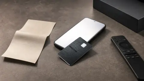 Samsung Galaxy Card and a Samsung Wallet phone staged with neutral spending cues on a tabletop