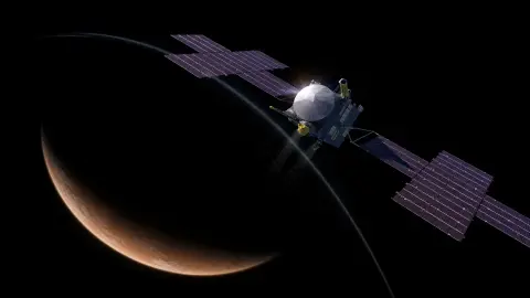 Psyche spacecraft passes a crescent Mars in a source-grounded editorial view of the flyby path