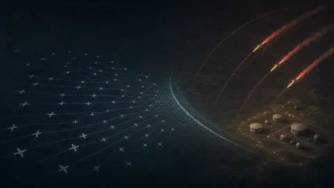 Editorial illustration of drone paths and missile arcs converging over a restrained night map grid