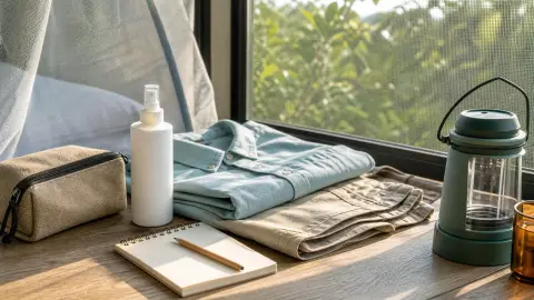 A summer travel packing surface with insect repellent, long sleeves and a screened window checklist arranged for mosquito prevention.