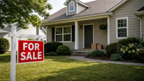 A middle-market single-family house with a red and white For Sale sign in the front yard