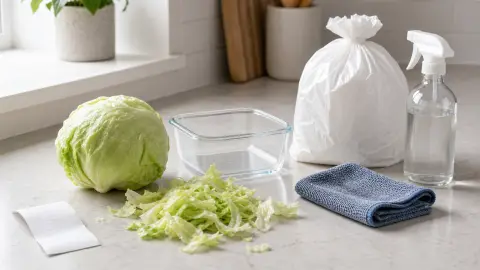 Iceberg lettuce sits beside a sealed container, disposal bag and cleaning supplies on a kitchen counter