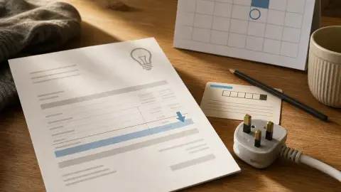 A generic electricity bill, plug, meter card and October calendar page arranged on a kitchen table to suggest a household bill check.