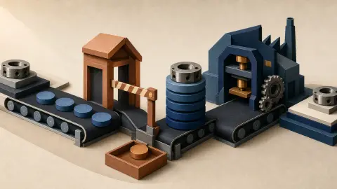 Cut-paper illustration of an imported machine part crossing a tariff checkpoint as a domestic production line starts competing for the same order.