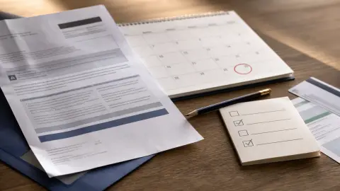 A student loan notice, calendar, pencil and checklist arranged on a desk to show a borrower sorting default deadlines.