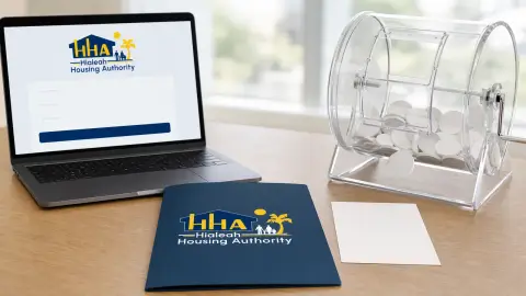 A laptop showing the Hialeah Housing Authority identity beside one household folder, a blank confirmation slip and a transparent lottery drum
