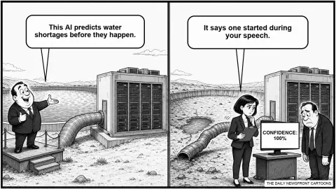 Two-panel black-and-white cartoon in which an official says a new AI can predict water shortages, then an analyst beside a reservoir-draining data center says one began during his speech; a screen reads ‘Confidence: 100%.’