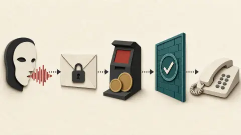 An illustrated scam pathway shows a synthetic voice signal, private message and crypto payment stop before a verified household phone.