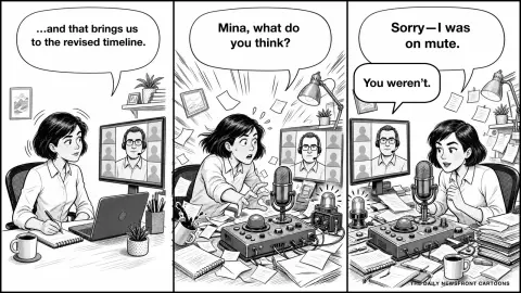Three-panel black-and-white office cartoon: Mina half-listens in a video meeting, her home office erupts like an emergency command center when the manager asks for her opinion, and she says she was on mute before the manager replies that she was not.
