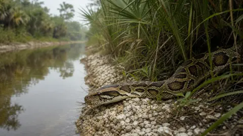 A realistic Burmese python partly concealed in sawgrass beside a South Florida drainage canal