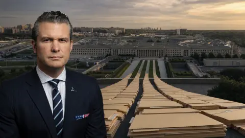 Pete Hegseth beside the Pentagon as broad stacks of blank budget folders narrow into separated funding channels for the U.S. Department of Defense
