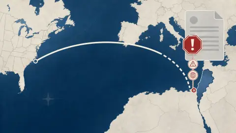 Editorial map diagram showing a U.S.-to-Lebanon route line interrupted by a red travel advisory checkpoint.
