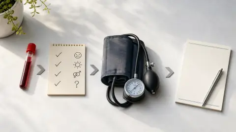A lab vial, symptom checklist, blood pressure cuff and blank prescription pad arranged as a cautious testosterone therapy decision path