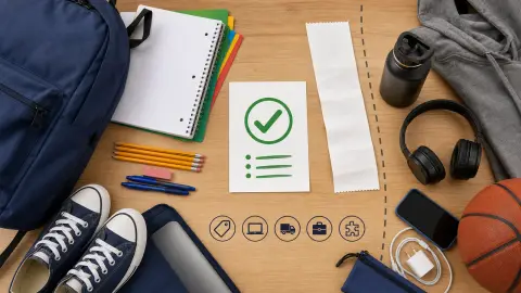 School supplies, shoes, receipts and a checklist arranged for a tax-free shopping review