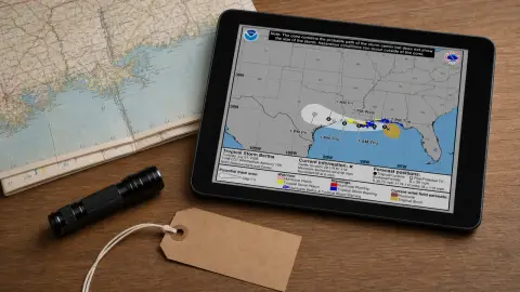 Official Bertha forecast guidance displayed on a weather desk with Gulf Coast preparedness items.