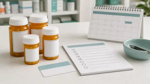 A pharmacy counter still life with prescription bottles, a plan card and a calendar marked for a future tariff deadline