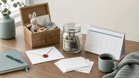 A child savings jar, blank account folder and sealed contribution envelope arranged on a desk.