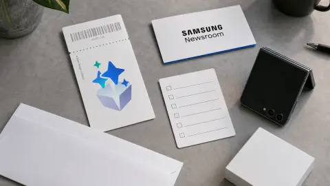 A source-grounded Samsung Newsroom lockup and official Samsung Galaxy Unpacked ticket artwork arranged beside a phone trade-in checklist.