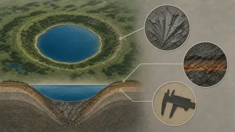Diagram of a circular lake basin connected to rock samples showing crater-proof evidence.
