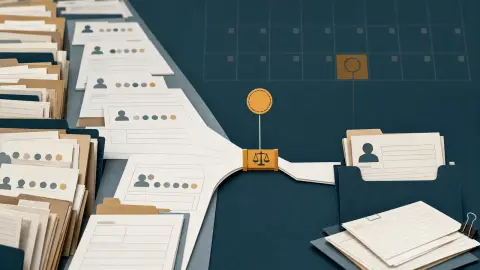 Illustrated workforce records narrowing from a broad reporting lane into a smaller case-specific request path