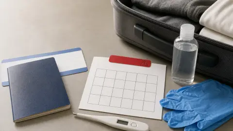 A tabletop arrangement of travel documents, a thermometer, protective gloves and packed luggage prepared for Ebola monitoring guidance