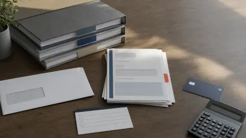 A penalty notice, tax return folders and a payment card arranged on a desk to show a check-before-paying decision.