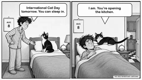 Two-panel black-and-white newspaper cartoon. At night, Sam tells tuxedo cat Biscuit he can sleep in for International Cat Day. At 4:52 a.m., Biscuit lounges on Sam's pillow, wakes Sam with one paw and says that Sam is opening the kitchen.