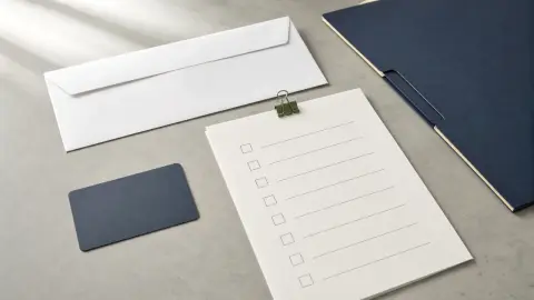 A blank payment verification checklist, sealed envelope, bank card and record folder arranged on a tabletop