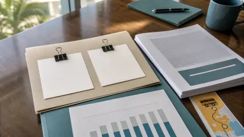 A school board meeting folder, district budget pages and two blank candidate cards arranged on a conference table