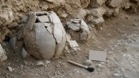 Broken storage jars in a dusty archaeological trench with a field brush nearby