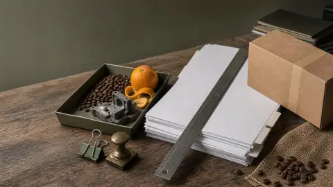 Blank import paperwork split between an exempt goods tray with coffee beans and an orange and a covered-goods sample box