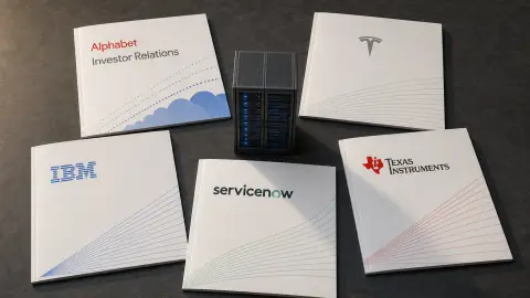 Earnings folders from Alphabet, Tesla, IBM, ServiceNow and Texas Instruments arranged around a data-center server model