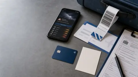 A boarding pass, payment card, carry-on tag and phone arranged as a flight disruption decision checklist