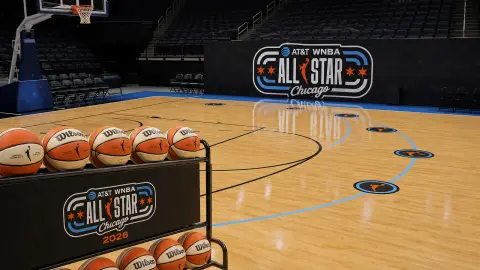 A WNBA All-Star themed basketball rack and shooting court set up for the Friday night skills events in Chicago