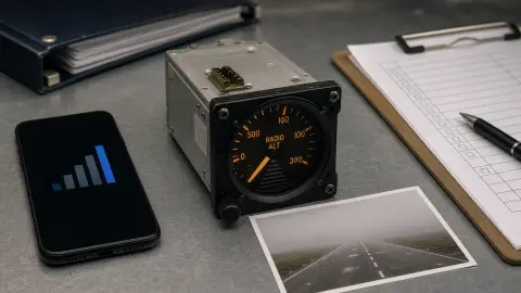 Generic aircraft altimeter hardware arranged with a phone signal icon, blank checklist and foggy runway card.