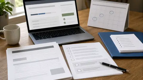 A desk with a tuition bill, deadline calendar, laptop and financial aid checklist arranged for reviewing a fall aid offer