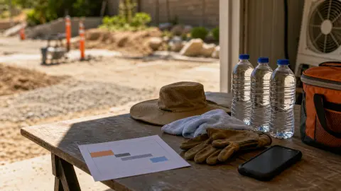 Water bottles, work gloves, a hat and a towel arranged in shade before outdoor work in bright heat.