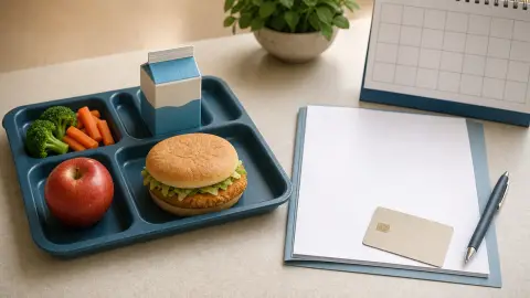 A school lunch tray beside an application form and payment card, staged to show Miami-Dade's shift from universal free meals to eligibility-based pricing.