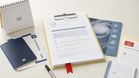 A travel insurance packet, boarding passes and a passport arranged beside a hurricane-season planning folder