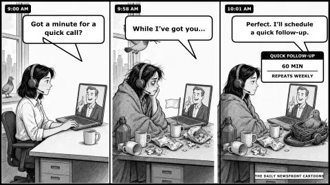 Three-panel black-and-white office cartoon: Mina accepts a one-minute quick call at 9:00, is still trapped at a campsite-like desk at 9:58, and at 10:01 receives a recurring 60-minute follow-up invite while a pigeon finishes a nest on her headset.