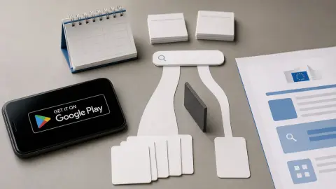 A Google Play badge on a phone beside European digital regulation papers and split paper paths on a desk