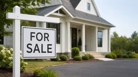 A white For Sale sign in sharp focus before a suburban detached home