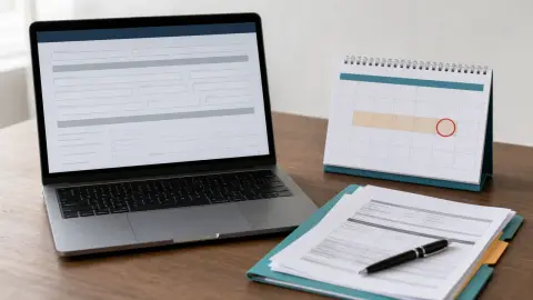 A laptop application form, household documents and a calendar page staged as a Hialeah housing voucher deadline still life